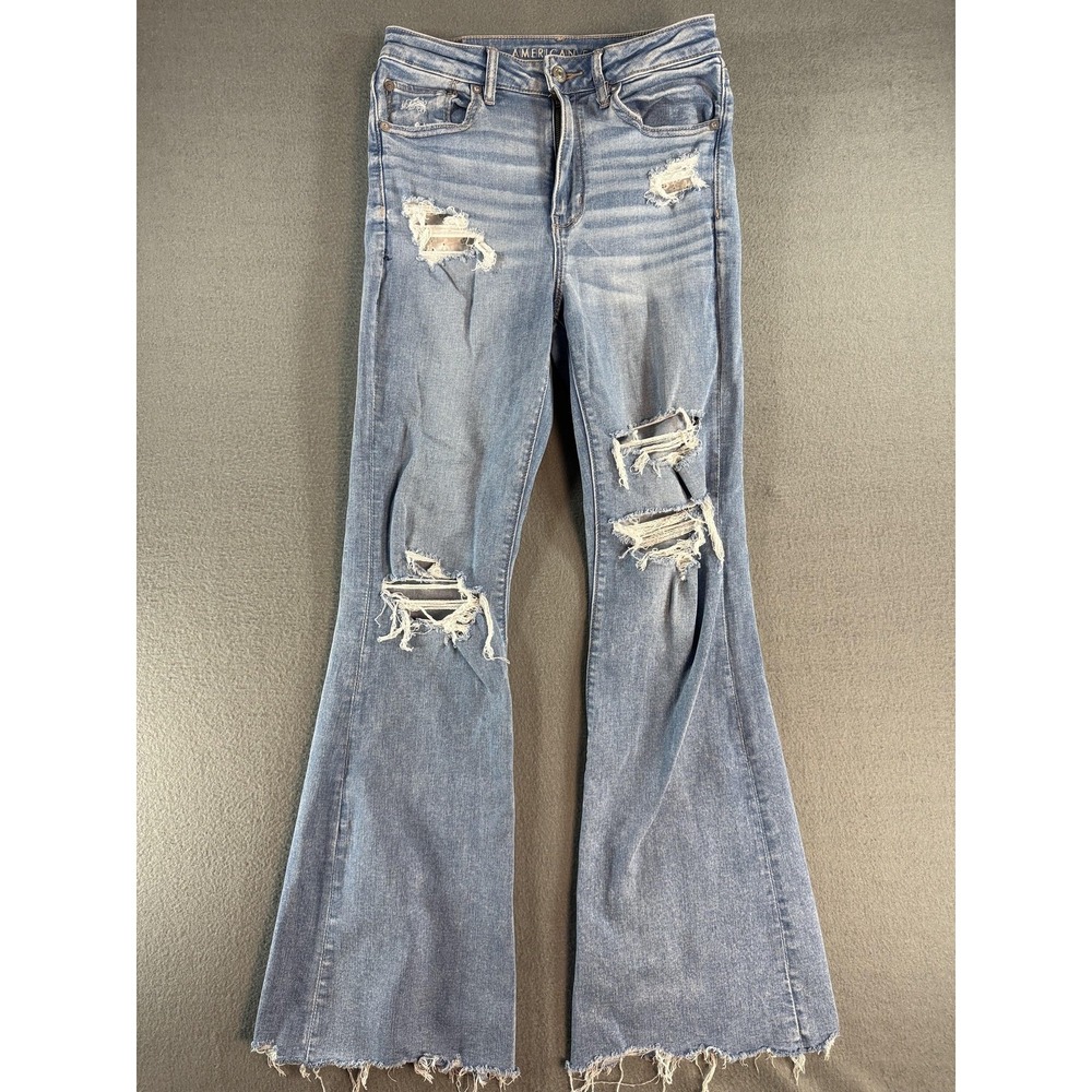 American Eagle Super Hi-Rise Flare Jeans Womens 6 Light Blue Distressed Denim